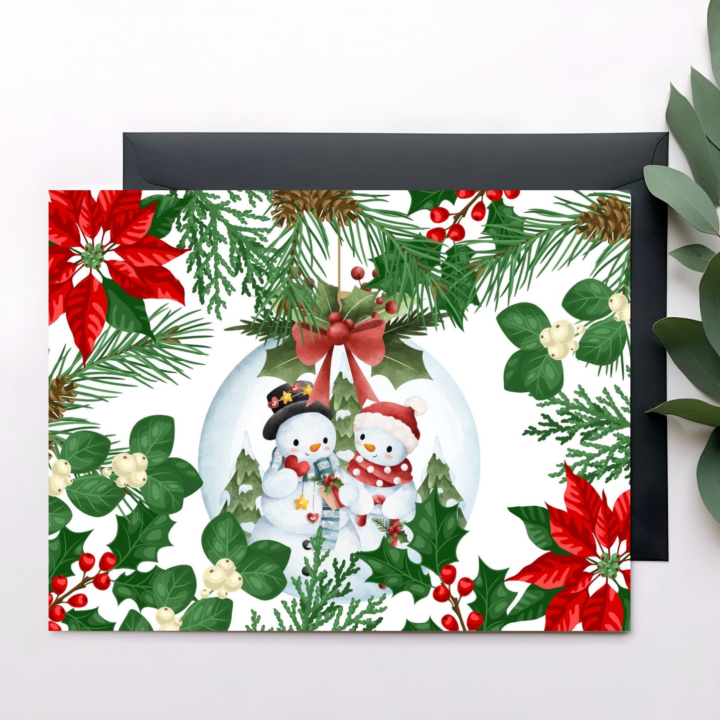 Printable "Poinsettia & Pine" greeting card 7x5 inches