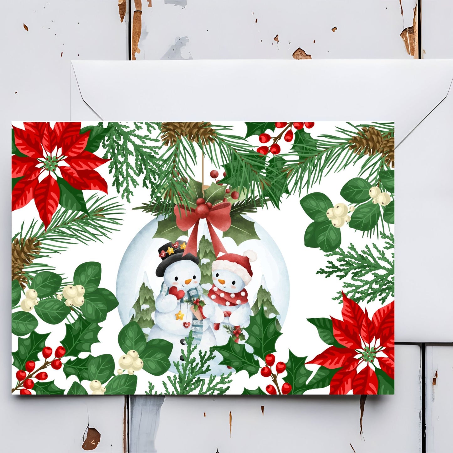 Printable "Poinsettia & Pine" greeting card 7x5 inches