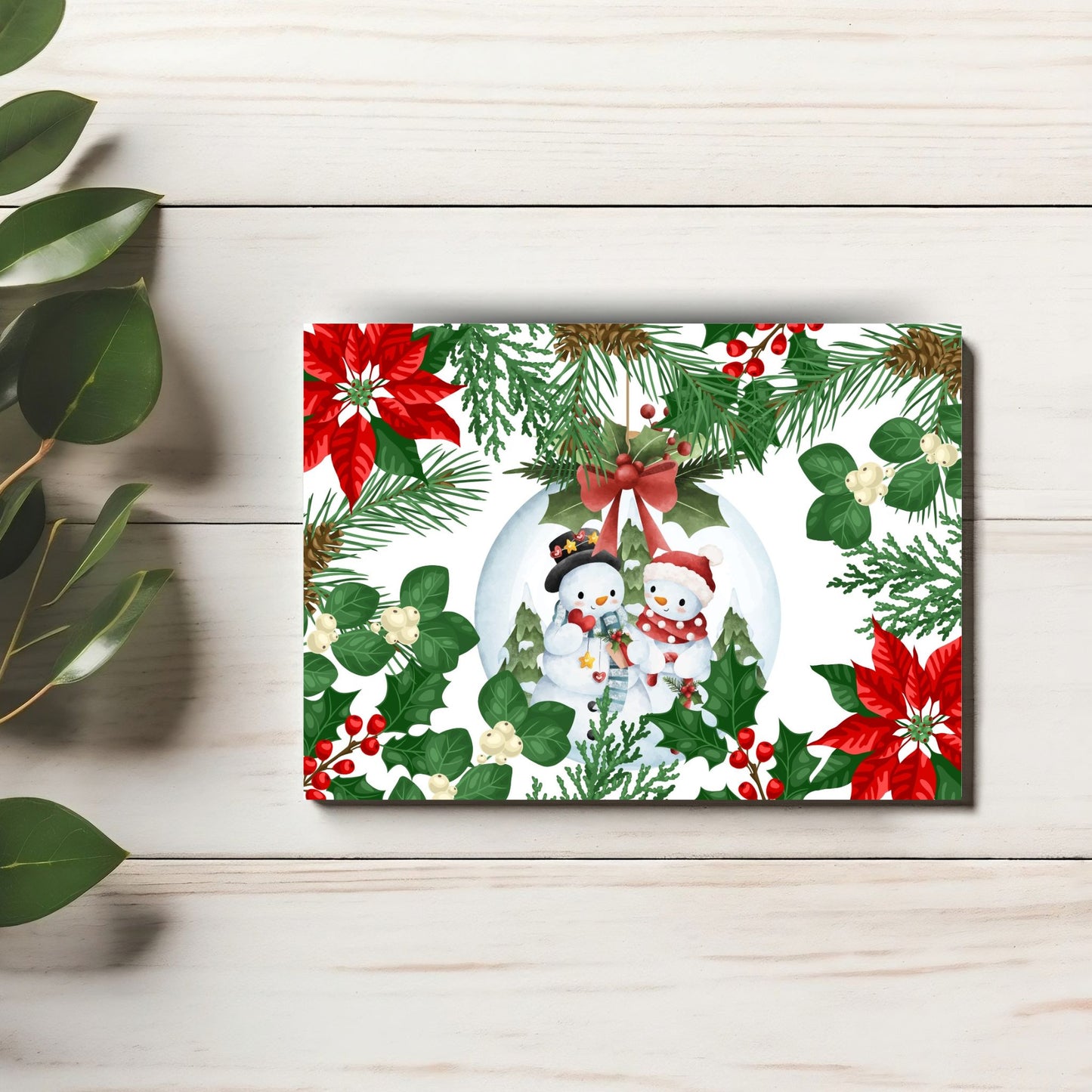 Printable "Poinsettia & Pine" greeting card 7x5 inches