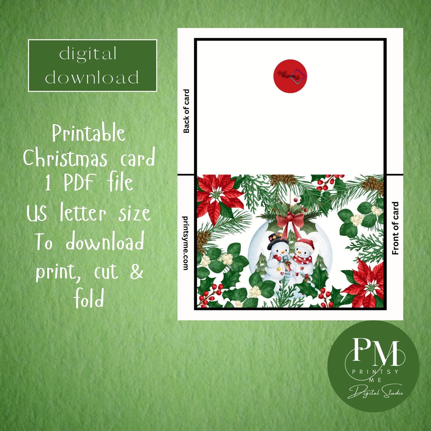 Printable "Poinsettia & Pine" greeting card 7x5 inches
