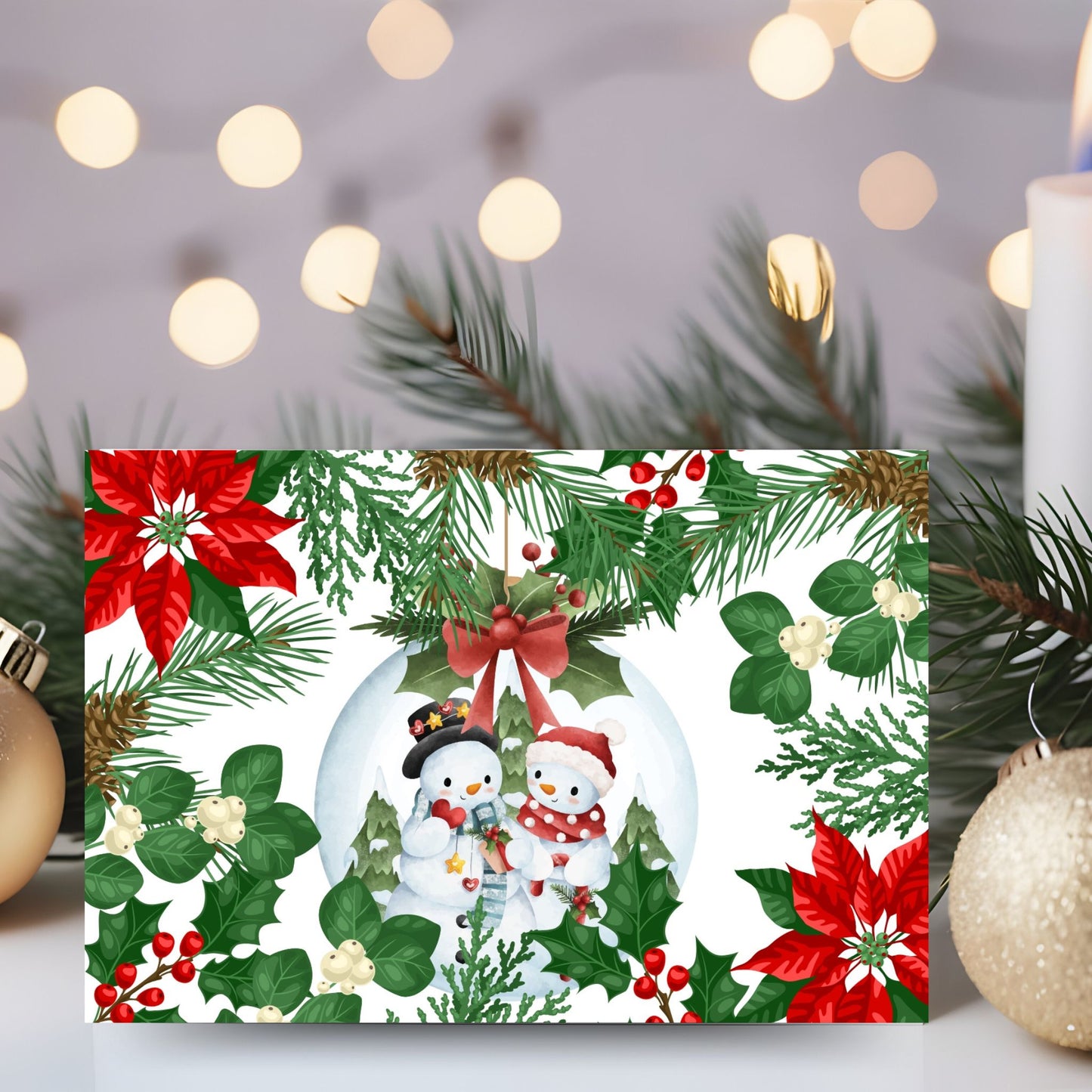 Printable "Poinsettia & Pine" greeting card 7x5 inches