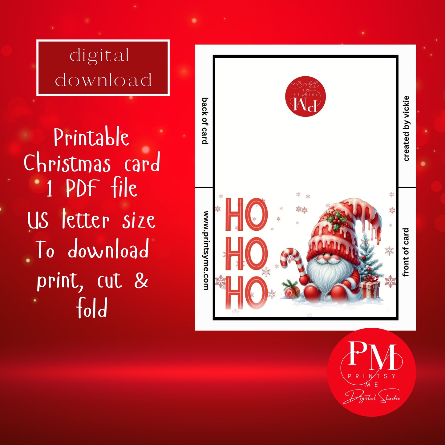 Printable "HoHoHo Santa Gnome" greeting card 7x5 inches