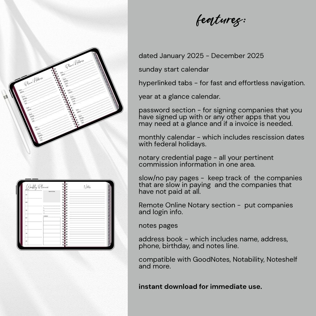 2025 Notary Digital Planner | Notary Planner with Hyperlinks | Best Digital Planner for Notaries 2025