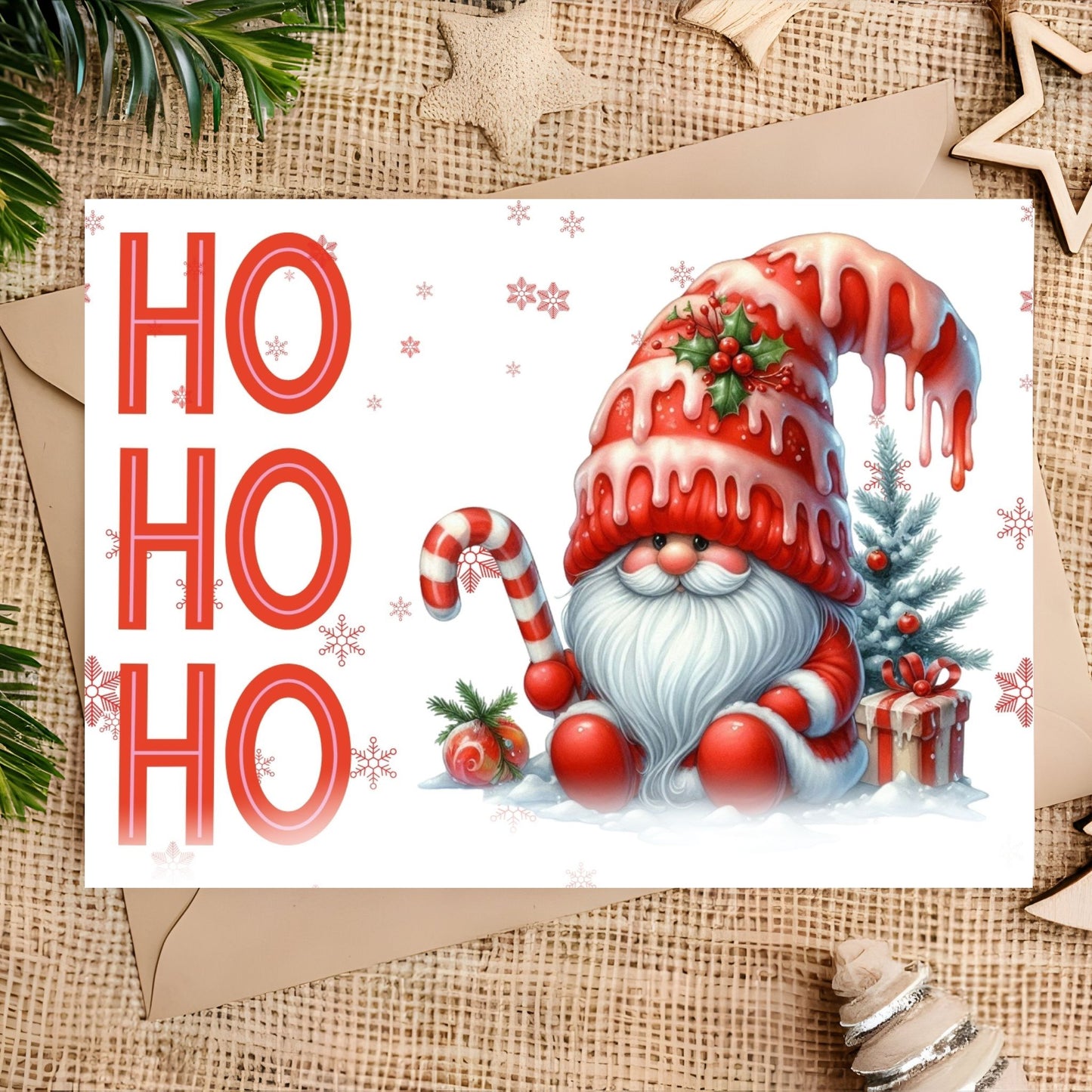 Printable "HoHoHo Santa Gnome" greeting card 7x5 inches