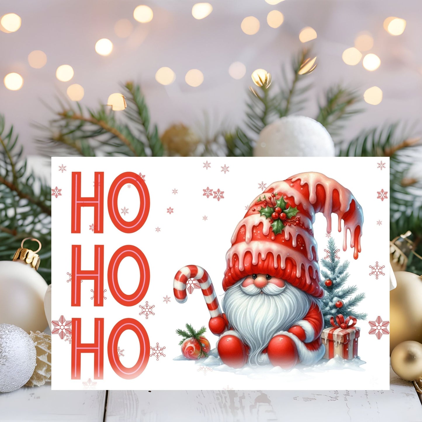 Printable "HoHoHo Santa Gnome" greeting card 7x5 inches