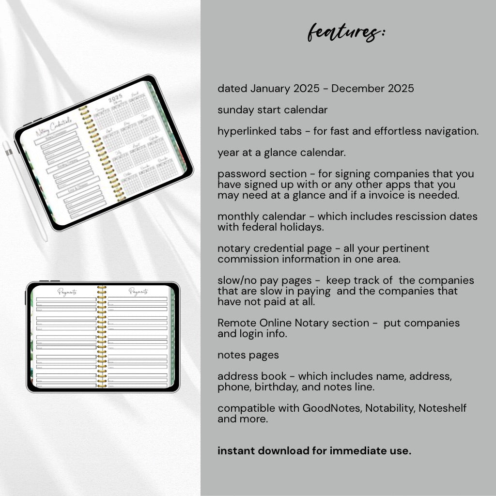 The Notary Cheat Sheet | 2025 Notary Digital Planner | Notary Planner with Hyperlinks | Best Digital Planner for Notaries 2025
